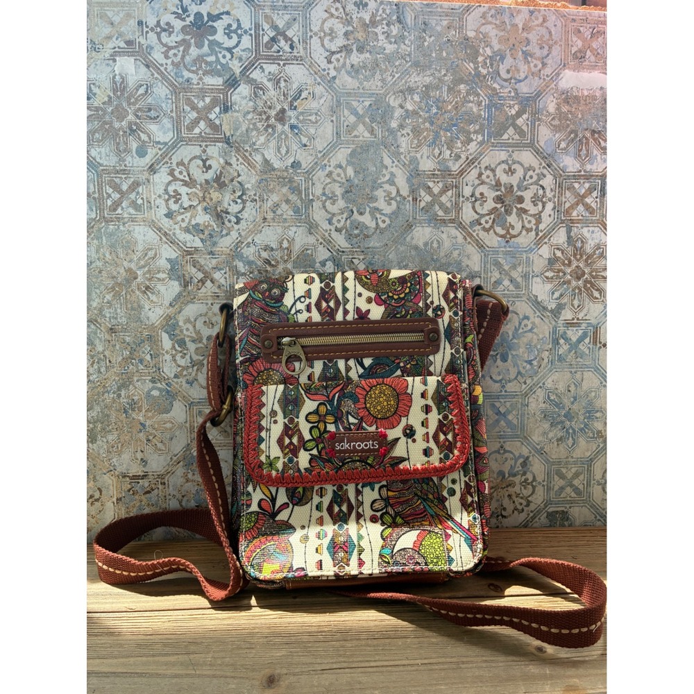 Sakroots Artist Circle Crossbody Bag Owl Floral Print Coated Canvas Messenger
